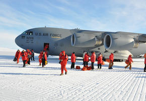 A US AIrforce C 17 Transport Plane Landed at the Ross Iceshelf Antarctica